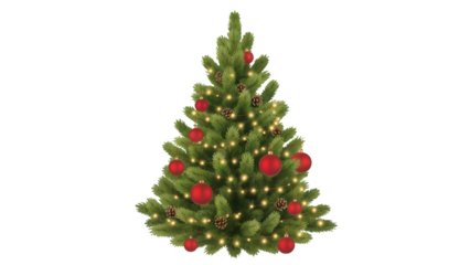 A beautifully decorated christmas tree with red ornaments and warm white fairy lights isolated on transparent background