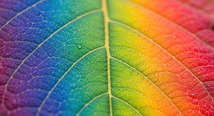 Rainbow-colored leaf with water droplets, close-up.