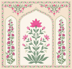 Traditional floral motif framed in Mughal style. Hand drawn Mughal floral panel inspired by heritage wall paintings. Mughal decorative ornamental floral. © Design 35