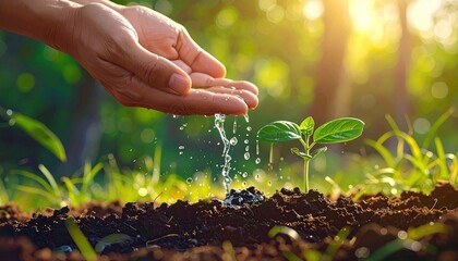 Tender Nurturing Hands Gently Watering a Vibrant Seedling Sprouting from Rich Brown Earth in Soft Golden Sunlight Against a Lush Green Forest Background