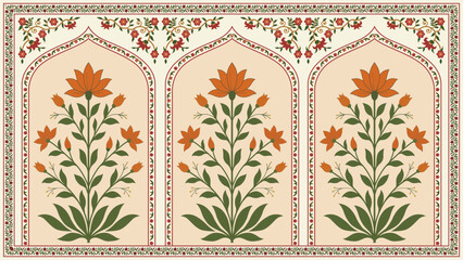 Traditional floral motif framed in Mughal style. Hand drawn Mughal floral panel inspired by heritage wall paintings. Mughal decorative ornamental floral. © Design 35