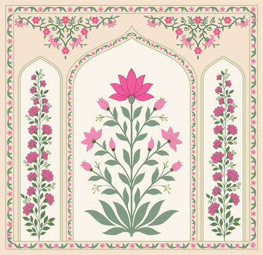Traditional floral motif framed in Mughal style. Hand drawn Mughal floral panel inspired by heritage wall paintings. Mughal decorative ornamental floral.