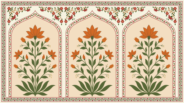 Traditional floral motif framed in Mughal style. Hand drawn Mughal floral panel inspired by heritage wall paintings. Mughal decorative ornamental floral.