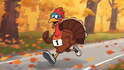 Cheerful Turkey Running in Autumn Leaves for Thanksgiving Fun and Festivity
