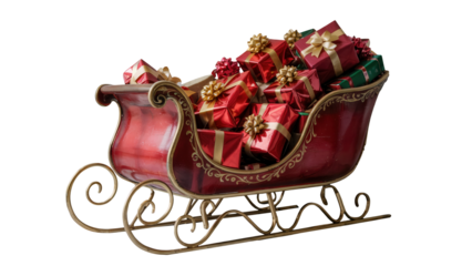 Festive antique red sleigh overflowing with beautifully wrapped christmas presents and bows isolated on transparent background