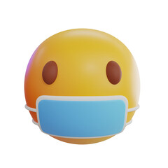Stylized Yellow Smiley Face Emoji Wearing a Light Blue Medical Face Mask on a Transparent Background Representing Health Precautions and Safety Measures