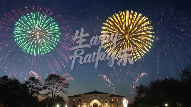 fireworks are lit up in the sky above a building