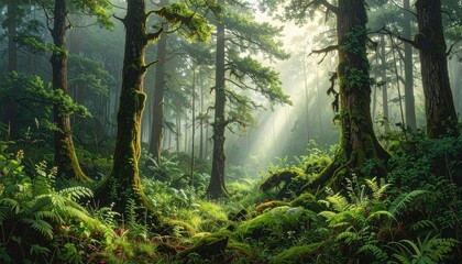 Sunlit Forest Scene with Green Mossy Trees and Ferns Pixel Art Style