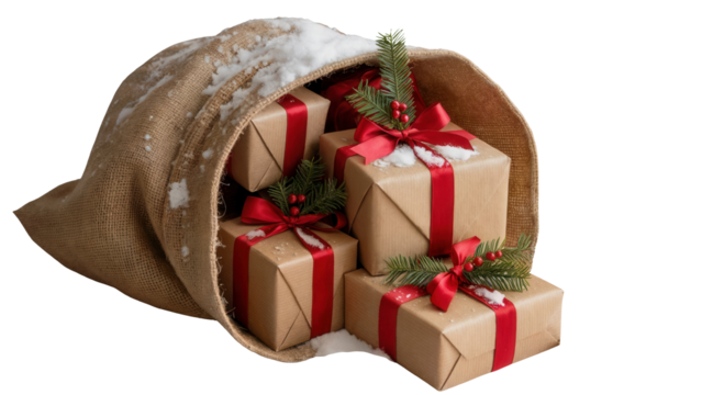 A large burlap sack overflowing with beautifully wrapped christmas presents tied with red ribbons and festive greenery isolated on transparent background