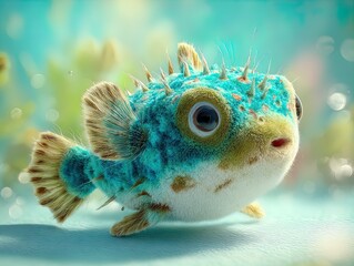 hyperrealistic cgi plush pufferfish: perfect for sports room posters with fluffy texture, realistic eyes, and minimalist pastel background in soft yellow and sea-green tones