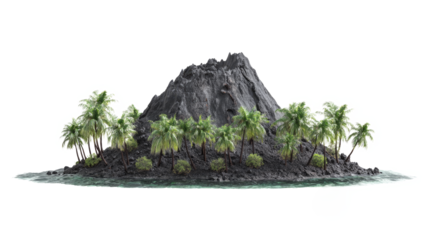 Smoking volcanic island with palm trees