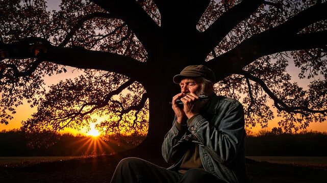 An old man plays harmonica under a majestic tree as the sun sets in a warm, serene landscape.