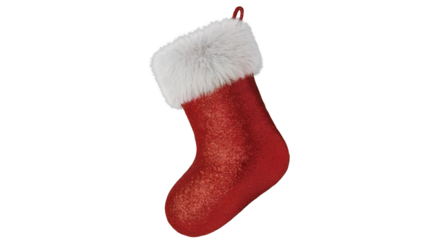 A festive red christmas stocking with a white fluffy trim and sparkling sequin details isolated on transparent background