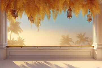 Balcony with ornate columns and golden fronds overlooking palm trees