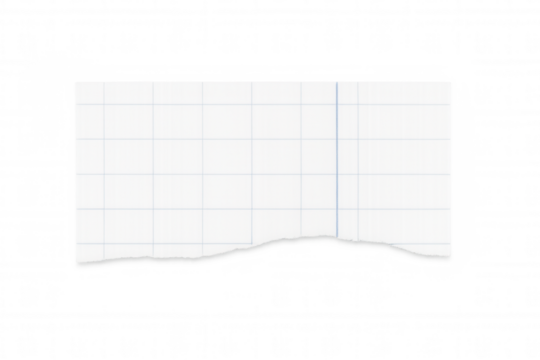 Torn piece of white grid paper with blue lines, empty space for message, transparent background, isolated blank note