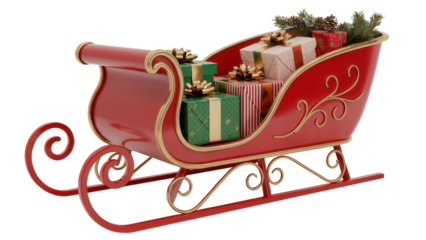 A festive red santa claus sleigh filled with beautifully wrapped christmas presents and green pine branches isolated on transparent background