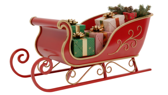 A festive red santa claus sleigh filled with beautifully wrapped christmas presents and green pine branches isolated on transparent background