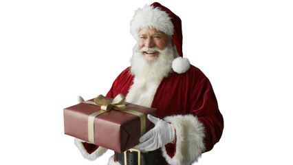 Joyful santa claus with a merry smile holding a wrapped christmas gift present isolated on transparent background