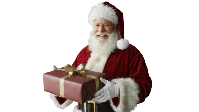 Joyful santa claus with a merry smile holding a wrapped christmas gift present isolated on transparent background