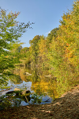beautiful reflective autumn colours in the water with the morning sun and blue sky