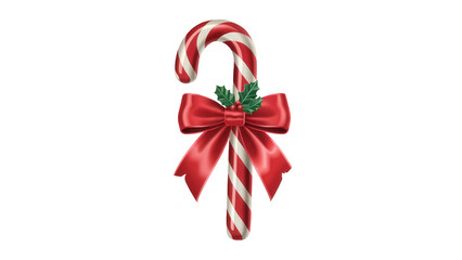 Festive red and white striped candy cane decorated with a shiny red bow and green holly sprigs isolated on transparent background