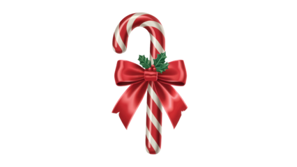 Festive red and white striped candy cane decorated with a shiny red bow and green holly sprigs isolated on transparent background