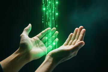 Glowing green data stream, digital hands, technology, cyber, energy, blockchain, carbon credit tokenization flow inspires innovation and trust