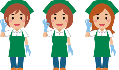 OKサインを出し、笑顔の緑エプロンの女性清掃員