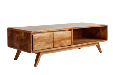 Light-brown wooden TV stand with two drawers and open compartment. Mid-century modern style