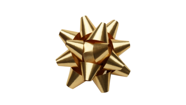 A single shiny metallic gold star shaped gift wrapping bow with pointed petals isolated on transparent background