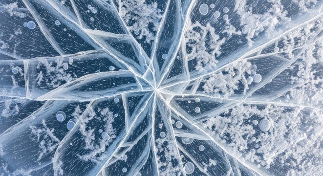 A frozen lake with intricate ice patterns and bubbles.