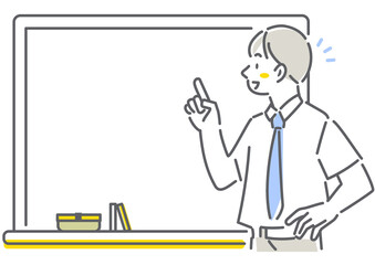 A simple and stylish line drawing of a male high school student pointing at the blackboard