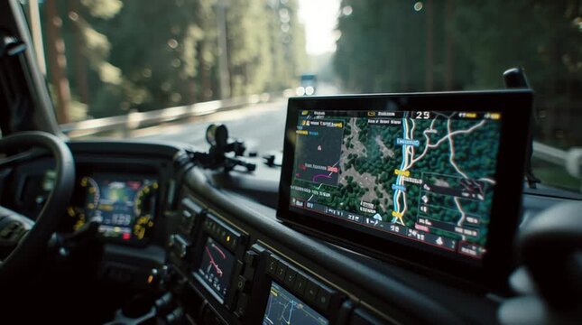 IoT logistics solutions Truck dashboard IoT screen updating route in real-time Camera over-the-shoulder Motion GPS map animation