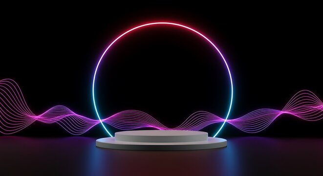 Podium floating in the air with line gradient neon ring on background and neon wave line lasers around