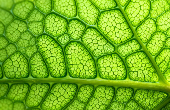 Detailed close-up of a vibrant green leaf showcasing intricate vein patterns and organic textures