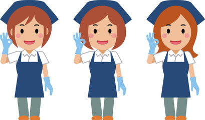 OKサインを出し、笑顔の紺色エプロンの女性清掃員