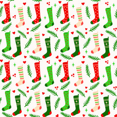 Seamless Christmas Stockings Pattern with Fir Branches