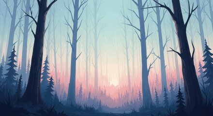 Obraz premium A serene, misty forest at dawn with a pink and blue sky, silhouetted trees, and a small, glowing moon in the distance.