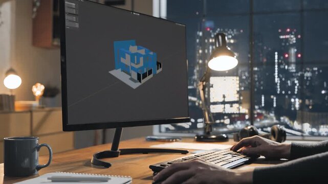 designer at the computer designs new house building at night on the office desk,architect at the desktop working on residential houses project