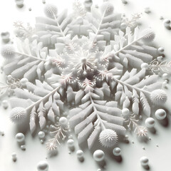 Macro snowflake on white for a winter holiday decoration featuring ice and frost patterns
