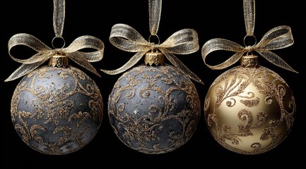 three christmas ornaments with gold and silver ribbons on a black background.