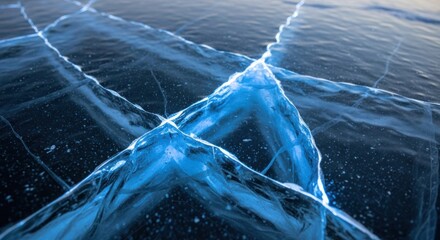 A frozen lake with ice patterns and a blue hue.