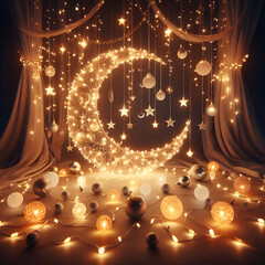 Bright stage lights illuminate a golden new year's celebration with red glass and wine for a winter holiday party