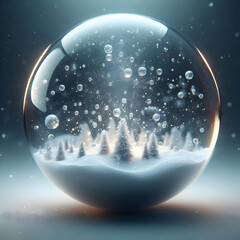 A cosmic snow globe with an earth planet reflecting a blue galaxy on a dark background