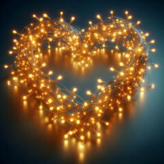 A golden heart with heart shaped candles glows brightly like a star and sparkles during a Christmas holiday celebration on a dark night