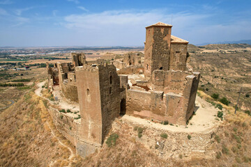 Aerial view of Castle Montearagon on sunny summer day. Quicena, Huesca, Spain.