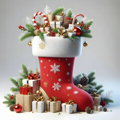 A colorful Christmas stocking filled with gifts sits beside a tree decorated with ornaments and a festive red bow