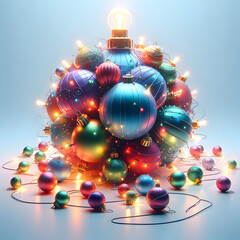 Gold bright Christmas balls and lights decorate an abstract winter holiday tree illustration for a festive season celebration card