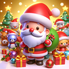 A happy Santa Claus and snowman with gifts under the Christmas tree in the winter snow