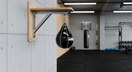 Modern gym interior with boxing speed bag and fitness equipment in focus